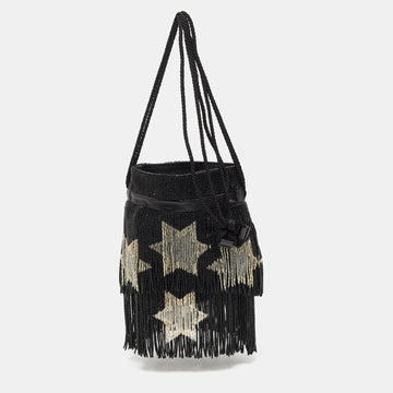 Saint Laurent Black Beads and Leather Fringed Small Shoulder Bag