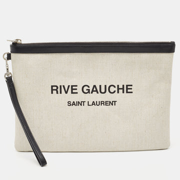 Saint Laurent Off White/Black Canvas and Leather Rive Gauche Zip Clutch