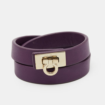 Salvatore Ferragamo Gancini Lock Purple Leather Gold Tone Wrap Bracelet