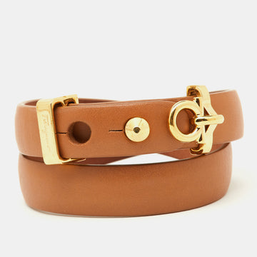 SALVATORE FERRAGAMO Gold Tone Brown Leather Wrap Bracelet