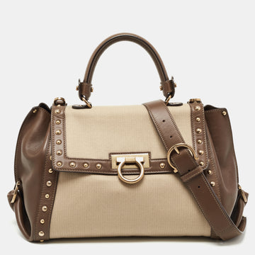 Salvatore Ferragamo Olive Green/Beige Canvas and Leather Medium Sofia Top Handle Bag