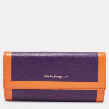 SALVATORE FERRAGAMO Purple/Orange Saffiano Leather Flap Continental Wallet