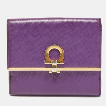 SALVATORE FERRAGAMO Purple Leather Gancini Clip Compact Wallet
