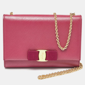 SALVATORE FERRAGAMO Dark Pink Leather Vara Bow Chain Bag