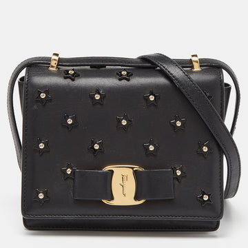 SALVATORE FERRAGAMO Black Leather Vara Bow Embellished Crossbody Bag