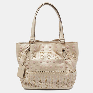 TOD'S Metallic Beige Leather Studded Flower Tote
