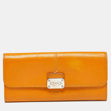 TOD'S Mustard Leather Plaque Logo Continental Flap Wallet
