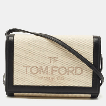 TOM FORD Black/Beige Logo Print Canvas and Leather Flap Wallet on Strap