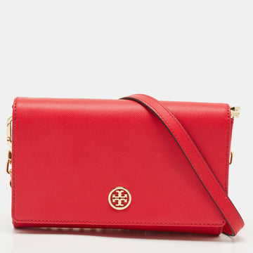 TORY BURCH Red Leather Robinson Chain Clutch Bag