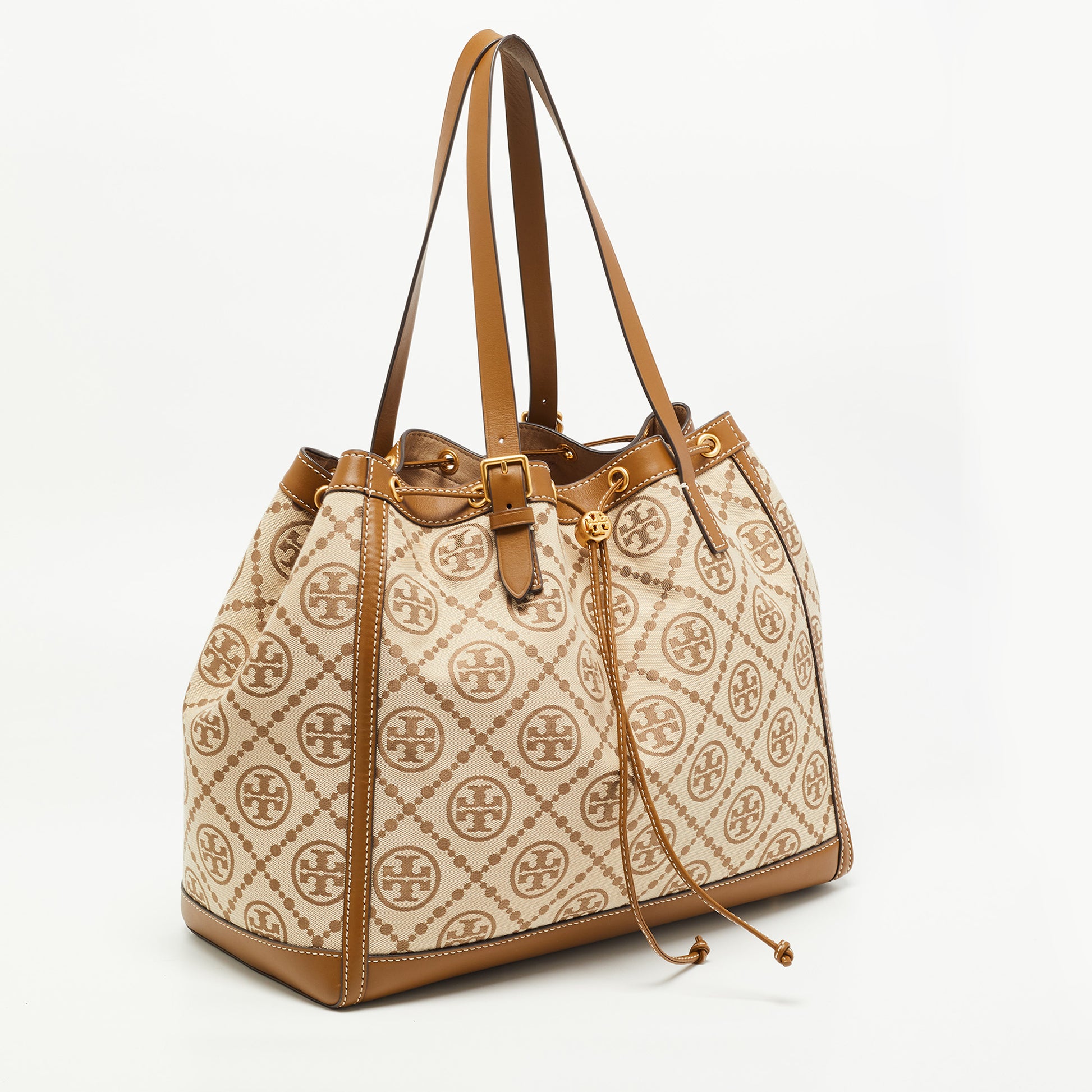 Tory Burch Beige T Monogram Jacquard Canvas and Leather Tote Tory Burch