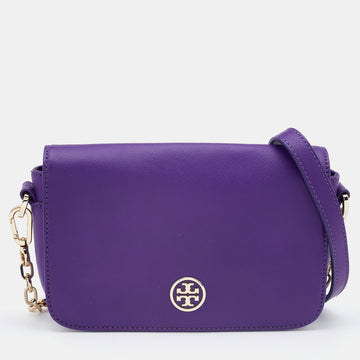 TORY BURCH Purple Leather Mini Robinson Chain Shoulder Bag
