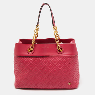 TORY BURCH Dark Pink Quilted Leather Fleming Tote