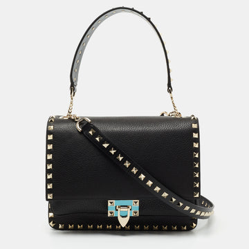 Valentino Black Leather Rockstud Flap Top Handle Bag
