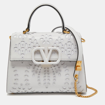 Valentino White San Gallo Embroidery Leather Small VSling Top Handle Bag
