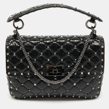 Valentino Black Quilted Crinkled Leather Medium Rockstud Spike Shoulder Bag