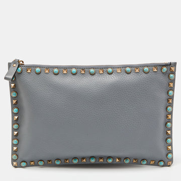 VALENTINO Grey Leather Rolling Rockstud Zip Pouch