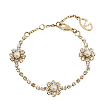 Valentino Faux Pearl Crystal Embellished Gold Tone Flower Bracelet