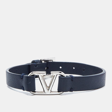 Valentino Dark Blue Leather VLogo Wrap Bracelet