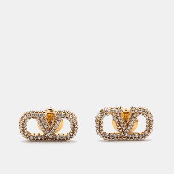 Valentino Gold Tone Crystal VLogo Stud Earrings