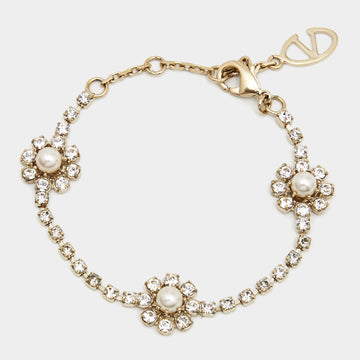 Valentino Faux Pearl Crystal Embellished Gold Tone Flower Bracelet