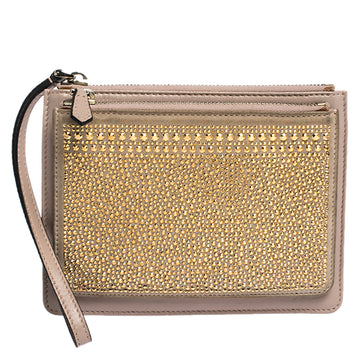 VALENTINO Nude Beige/Gold Leather and Suede Studded Wristlet Pouch