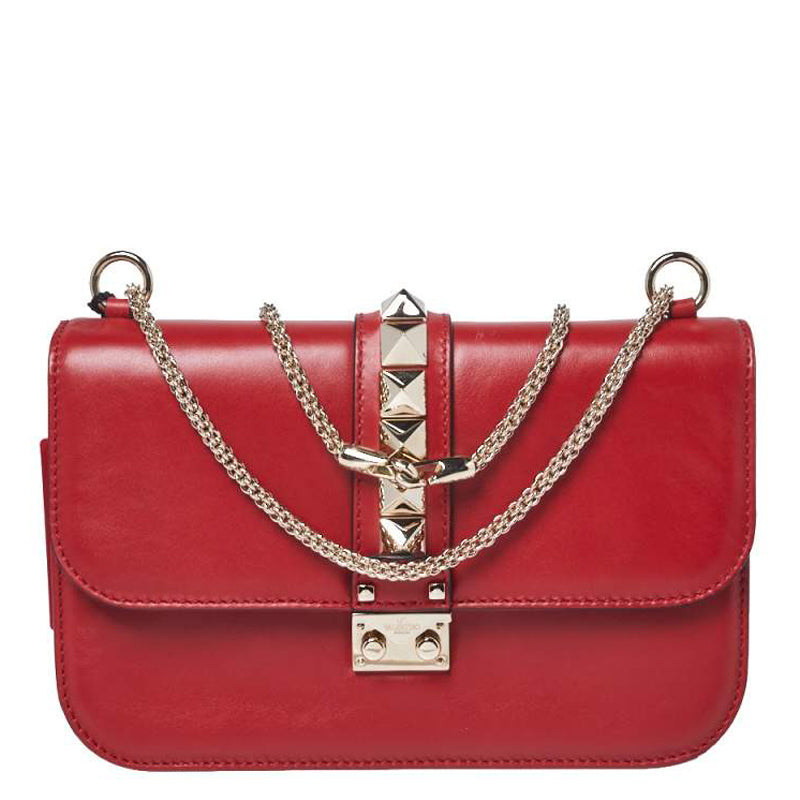 røg På daglig basis konvertering Valentino Red Leather Medium Rockstud Glam Lock Flap Bag
