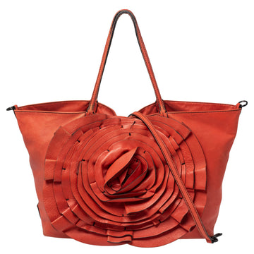 Valentino Orange Leather Petale Rose Shopper Tote