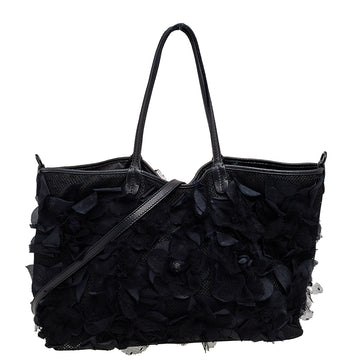 Valentino Black Mesh And Leather Floral Applique Tote