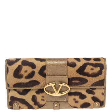 Valentino Beige Leopard Calf Hair and Leather VLogo Flap Continental Wallet
