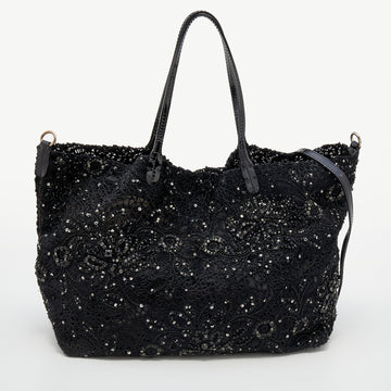 Valentino Black Calf Hair and Patent Leather Crystal Embellished Tote