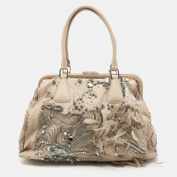 Valentino Beige Leather Crystal Embellished and Feather Alice Glam Frame Bag
