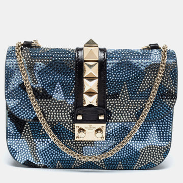 Valentino Blue/Black Crystal Embellished Leather Small Camustars Glam Lock Flap Bag