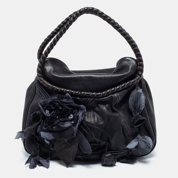 Valentino Black Leather And Silk Flower Embellishment Shoulder Bag