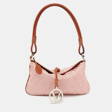 Valentino Pink/Brown Monogram Fabric and Leather VRing Flap Baguette Bag