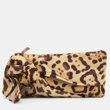 Valentino Beige Leopard Print Calf Hair Bow Clutch