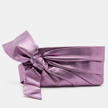 Valentino Metallic Purple Leather Pleated Bow Clutch