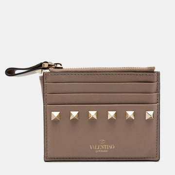 Valentino Beige Leather Rockstud Zip Card Case
