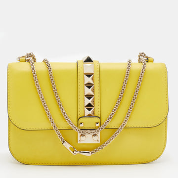 Valentino Yellow Leather Medium Rockstud Glam Lock Flap Bag