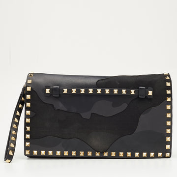 Valentino Black/Grey Camouflage Canvas And Leather Rockstud Wristlet Clutch