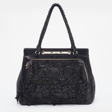 Valentino Black Leather and Lace Demetra Tote