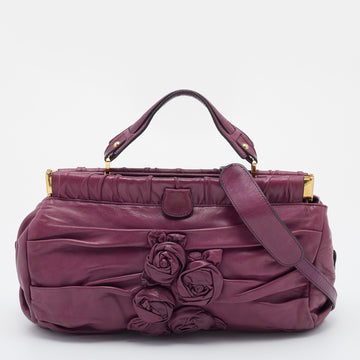 Valentino Purple Leather Rose Frame Top Handle Bag