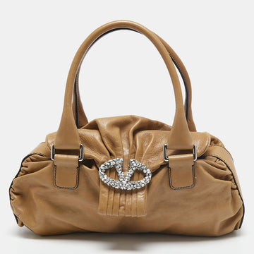 Valentino Brown Leather Studded V Ring Shoulder Bag
