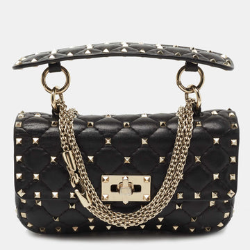 Valentino Black Quilted Leather Small Rockstud Spike Chain Top Handle Bag