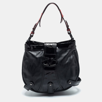 Valentino Black Coated Canvas and Patent Leather Catch Hobo