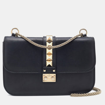 Valentino Black Leather Medium Rockstud Glam Lock Shoulder Bag