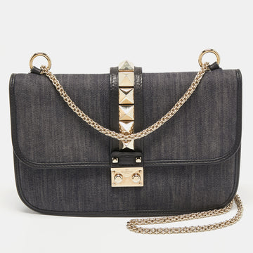 Valentino Black/Navy Blue Denim and Leather Medium Rockstud Glam Lock Flap Bag