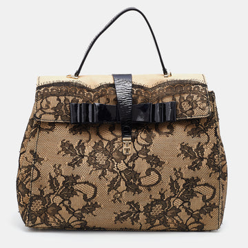 Valentino Beige/Black Raffia  Lace and Patent Leather Top Handle Bag
