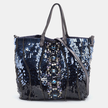 Valentino Blue/Silver Crystal Embellished Satin  Sequins and Leather Shopper Tote