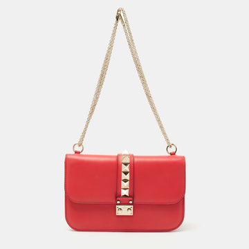 VALENTINO Coral Red Leather Medium Glam Lock Chain Shoulder Bag