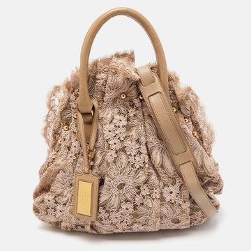 VALENTINO Beige/Pink Lace And Leather Pleated Studded Dome Satchel